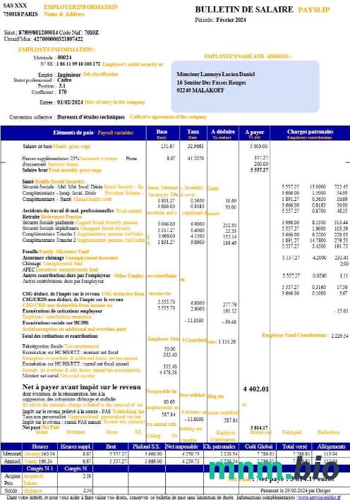Szablon France payslip (w języku francuskim) w formatach Word i PDF